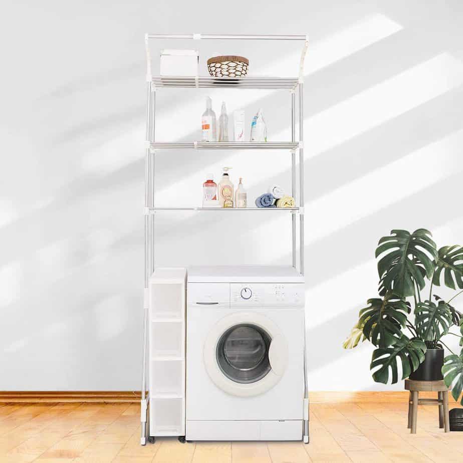 Angled Shelving Conveniently Holds Laundry Baskets